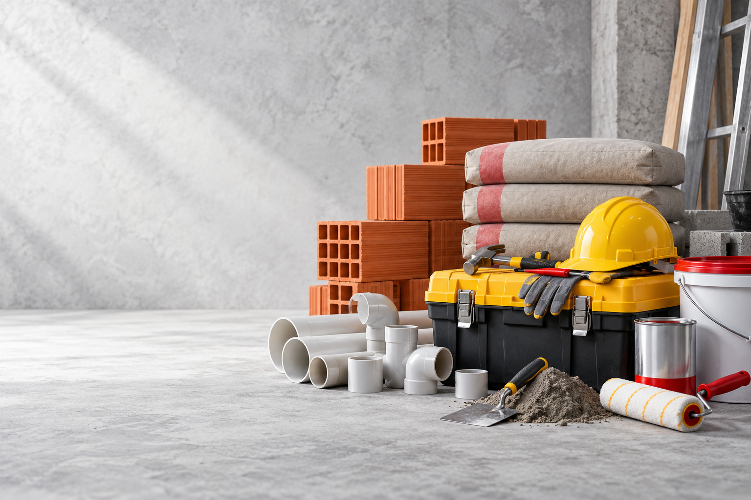 Materiais de construção, como tijolos, sacos, tubos e ferramentas